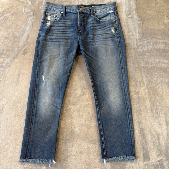 7 For All Mankind Distressed Skinny Denim Fringe Frayed Hem Jeans Sz 28 - Picture 1 of 10